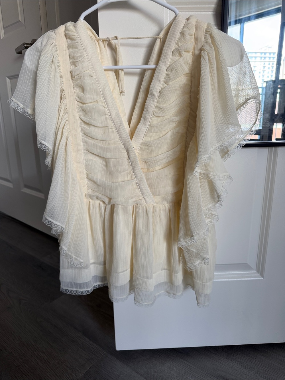 By Together Cream Ruffled Plunging V-Neck Blouse